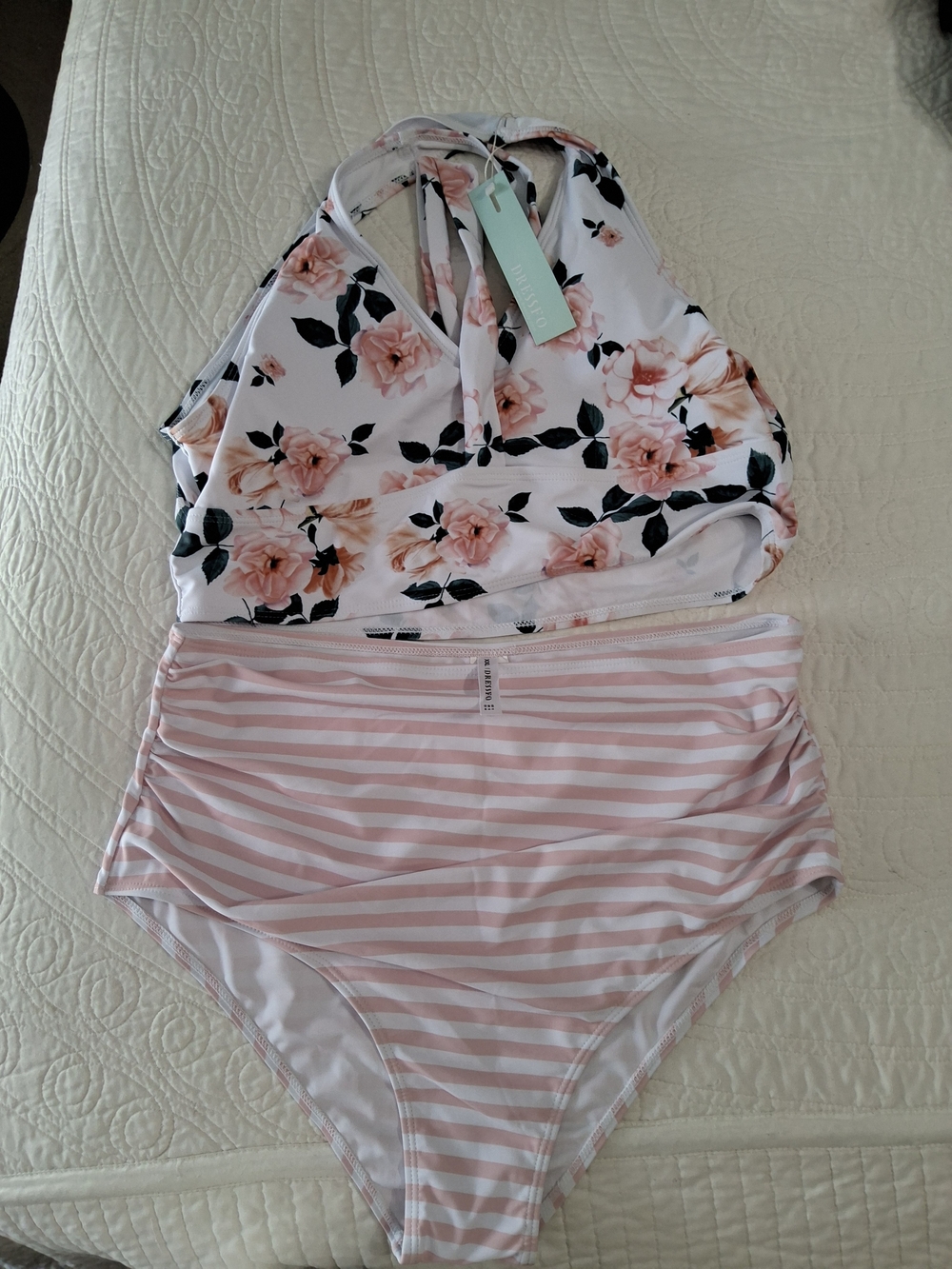 High-Waist Floral & Stripe Two-Piece Bikini in Blush Pink